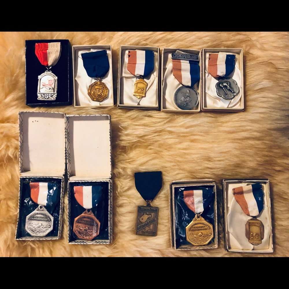10 Antique Swim Medals Original Boxes Swimming Vtg